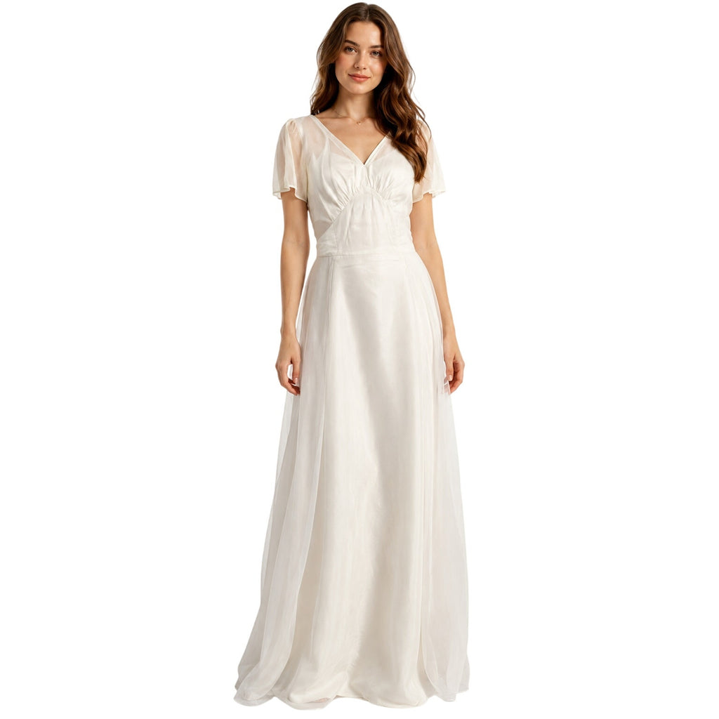 Vintage 70s White Chiffon Wedding Dress Sheer Overlay Boho Bridal Gown