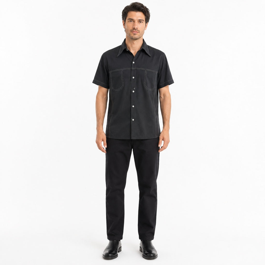 Vintage 1970s Black Polyester Contrast Stitch Leisure Shirt Mens Small