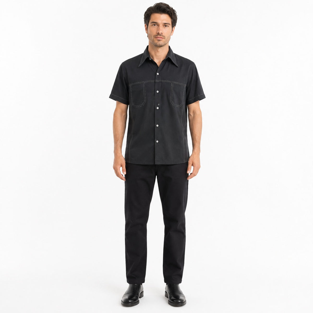 Vintage 1970s Black Polyester Contrast Stitch Leisure Shirt Mens Small