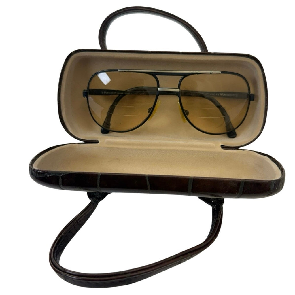Vintage 70s Purse Style Eyeglasses Case Black Faux Croc Hard Shell w Handles