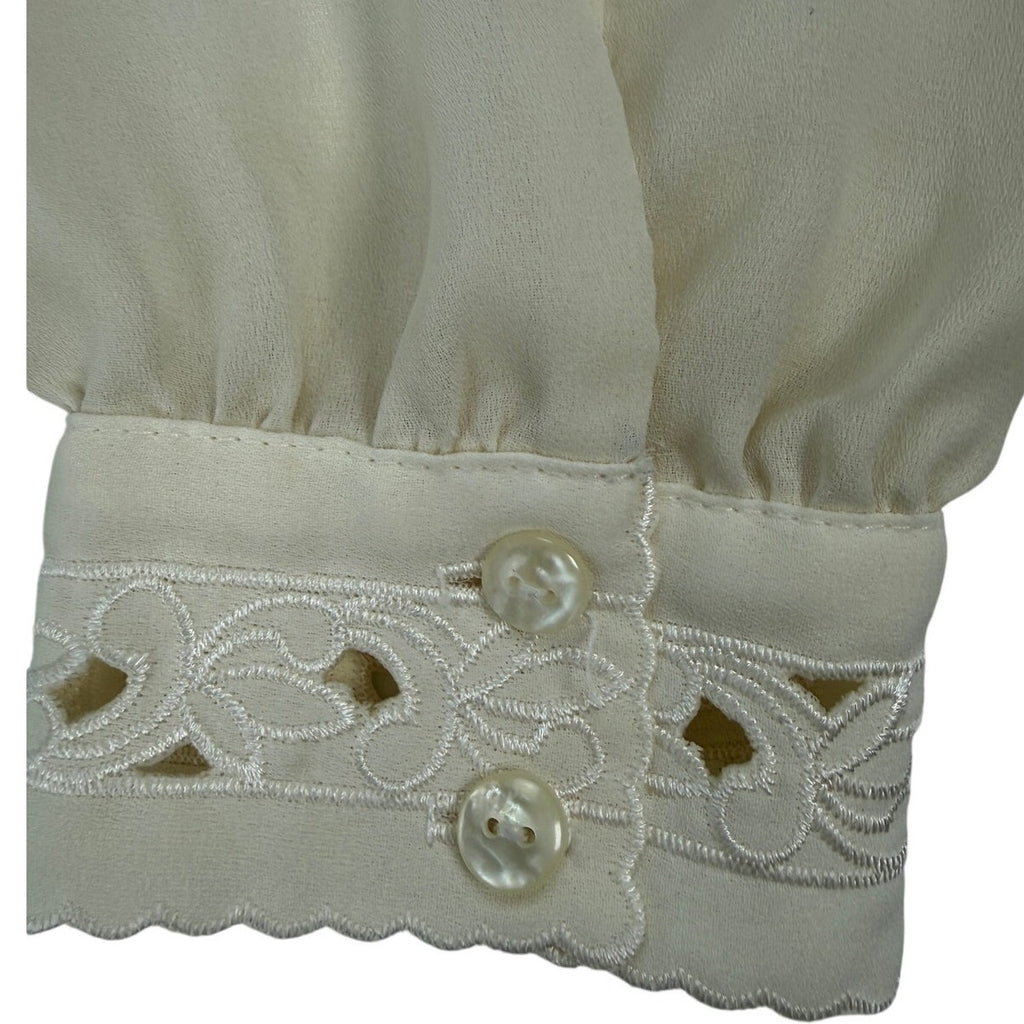 Vintage 80s Karen Scott Womens Size 10 Cream Sheer Blouse Hidden Button