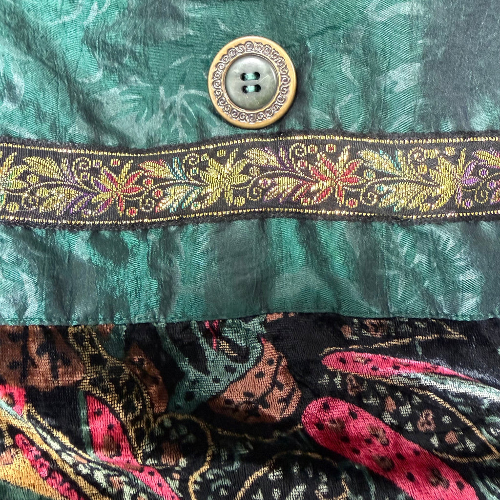 Vintage 80s Long Green Raincoat Jacket Floral Trim Midi Embroidered Women’s XL