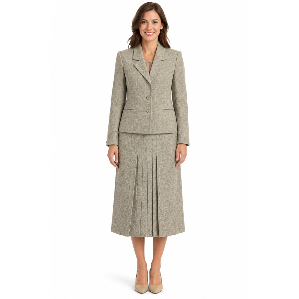 Vintage 80s Savile Wool Tweed Skirt Suit USA Women's Size 4 Beige Herringbone