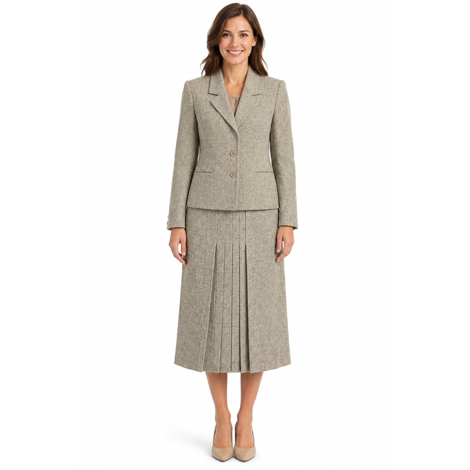 Vintage 80s Savile Wool Tweed Skirt Suit USA Women's Size 4 Beige Herringbone