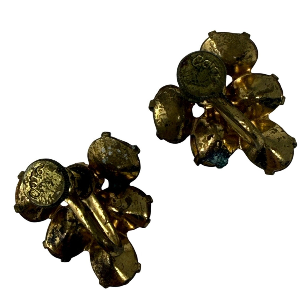 Vintage 50s Pink Rhinestone Screw Back Earrings Brass Cluster