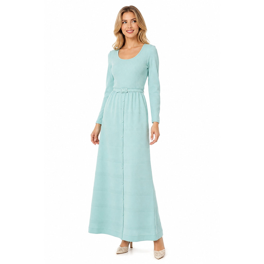 Vintage 70s Ayres Unlimited Aqua Maxi Dress Belted Ribbed Knit Long Sleeve