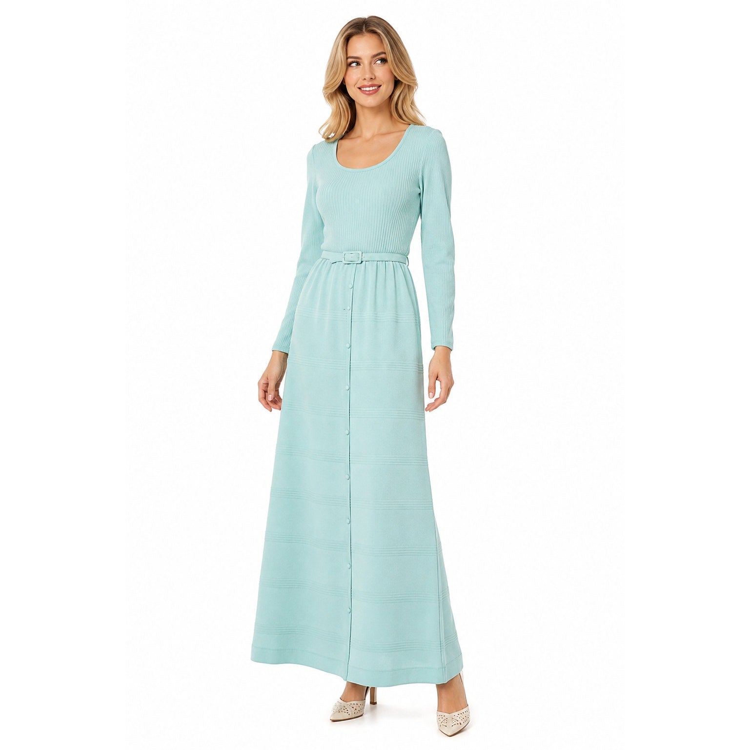 Vintage 70s Ayres Unlimited Aqua Maxi Dress Belted Ribbed Knit Long Sleeve