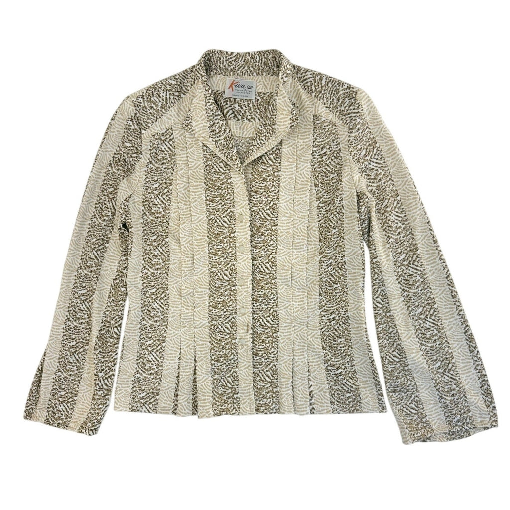 Vintage 80s Kiva Beige Pleated Polyester Blouse Pearl Button Shirt Women's 8