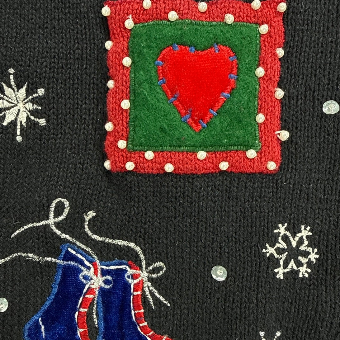 Vintage 80s Basic Editions Black Snowman Christmas Cardigan Sweater Medium