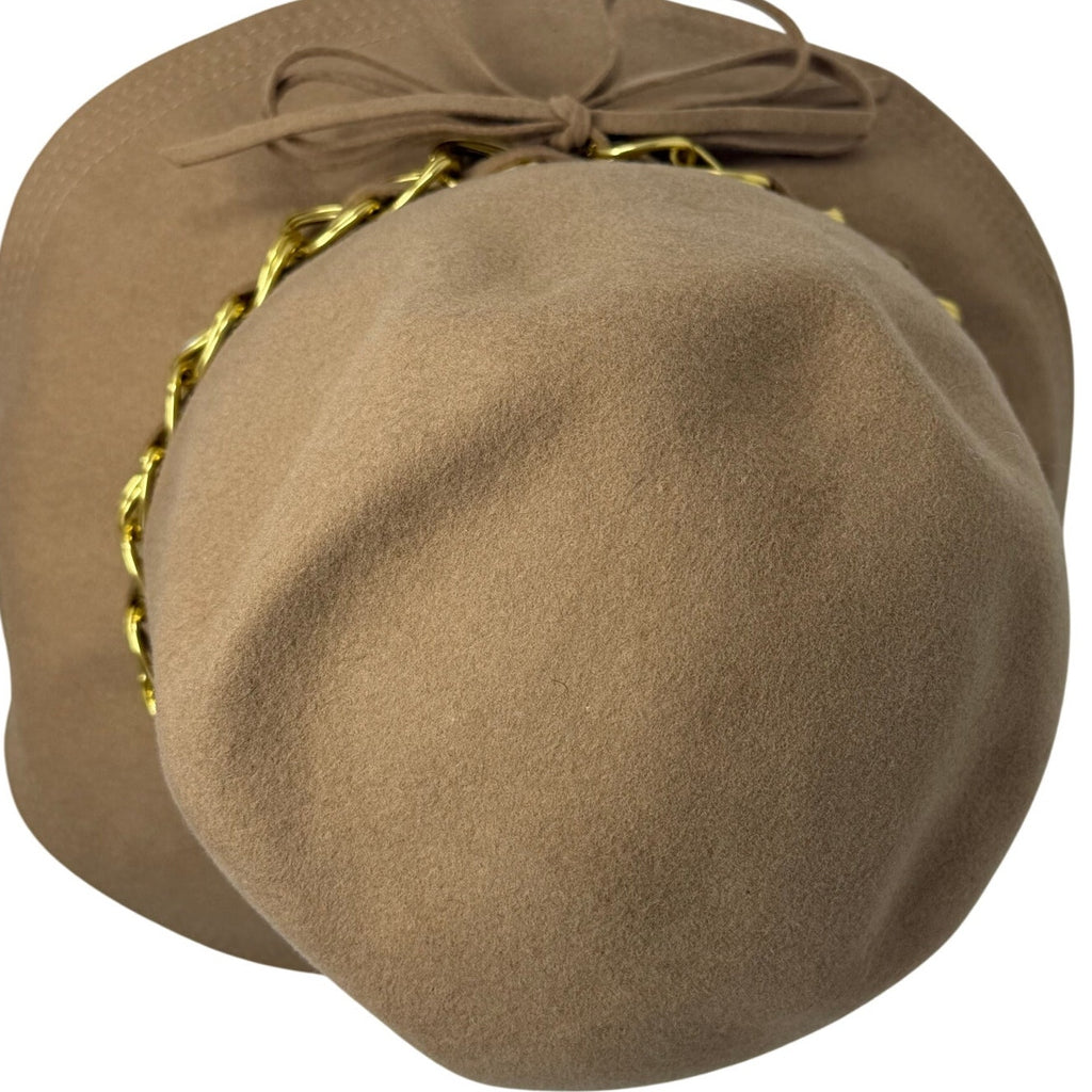 Vintage 1960s Miss Eileen Tan Wool Cloche Bucket Hat Gold Chain Trim