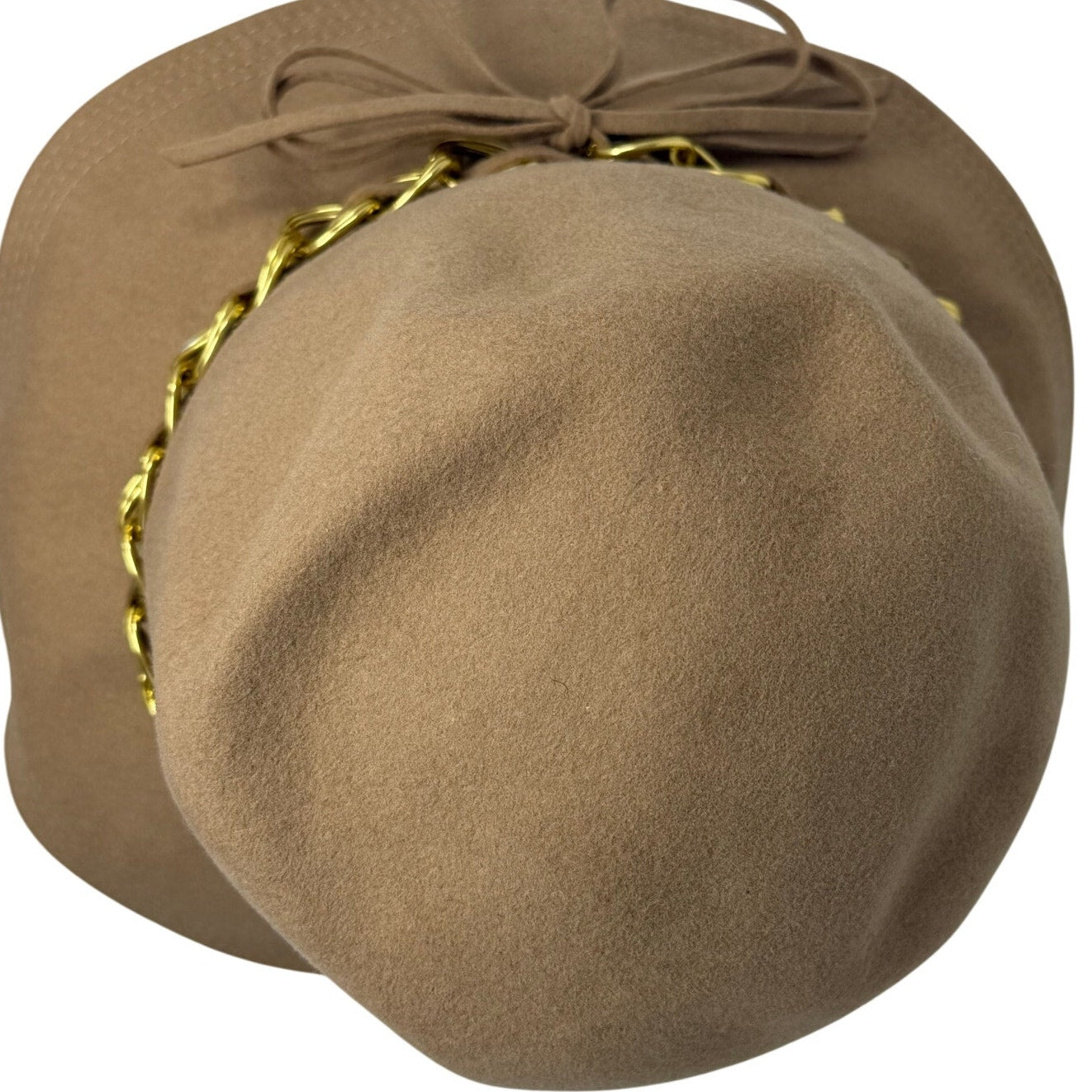 Vintage 1960s Miss Eileen Tan Wool Cloche Bucket Hat Gold Chain Trim