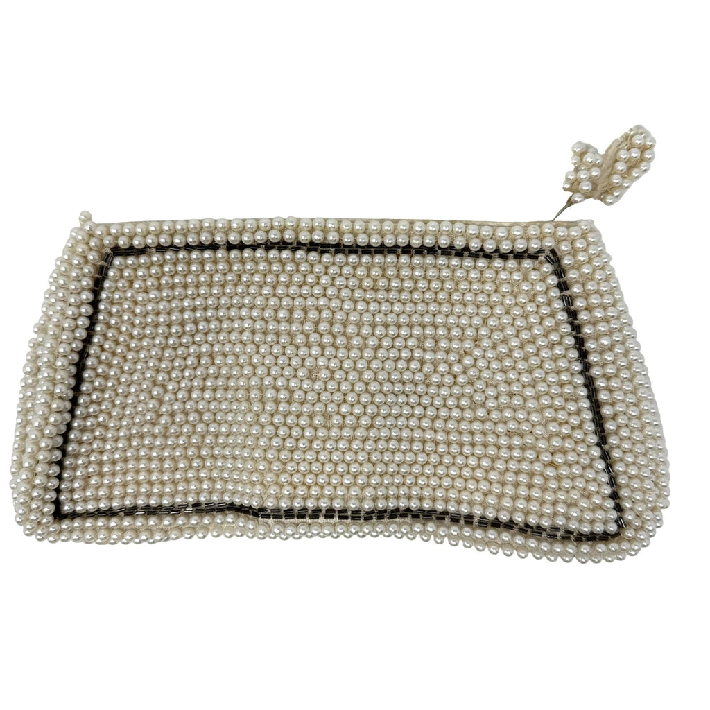 Vintage 70s Emson Beaded Clutch Purse Cream Silver Lined Zip Closure
