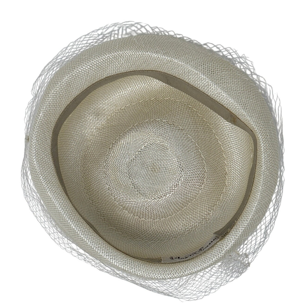 Vintage 1960s Clover Lane Ivory Pillbox Hat with Veil & Pink Bow