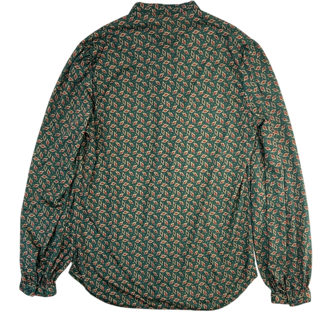 Vintage 70s Green Geometric Bow Tie Neck Polyester Blouse Women's Large