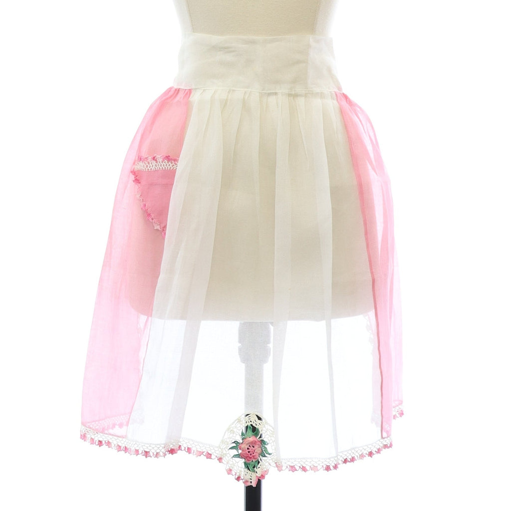 Vintage 60s Pink & White Sheer Crochet Trim Waist Apron Home Sewn