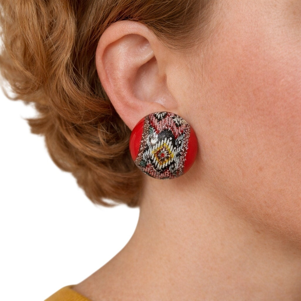 Vintage 60s Tomato Red Clip On Earrings Silver Glitter Mod Mid Century