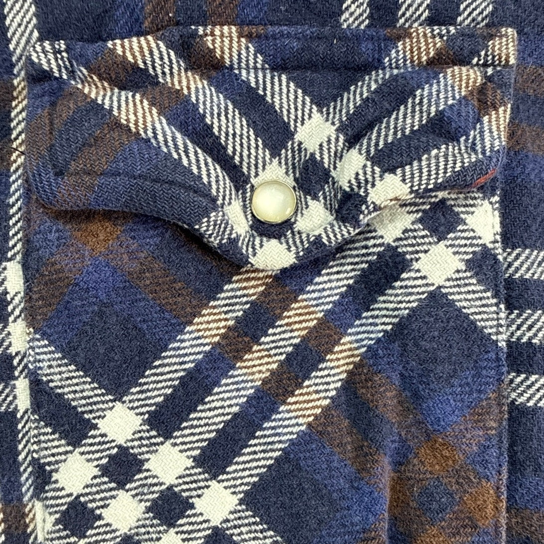 Vintage 90s Wrangler Men’s Navy Plaid Cotton Flannel Pearl Snap Western Shirt L