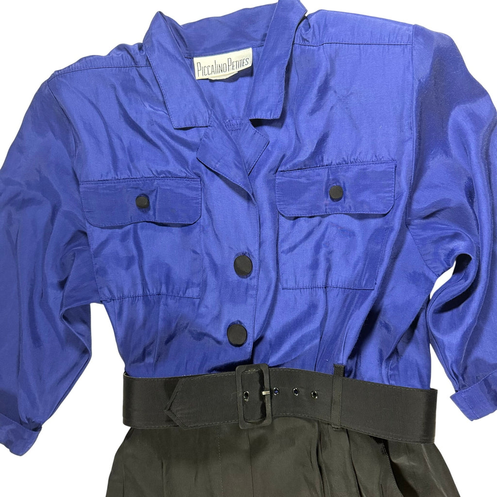 Vintage 80s Women's 8P Belted Dress Blue Black Office Chic USA Made
