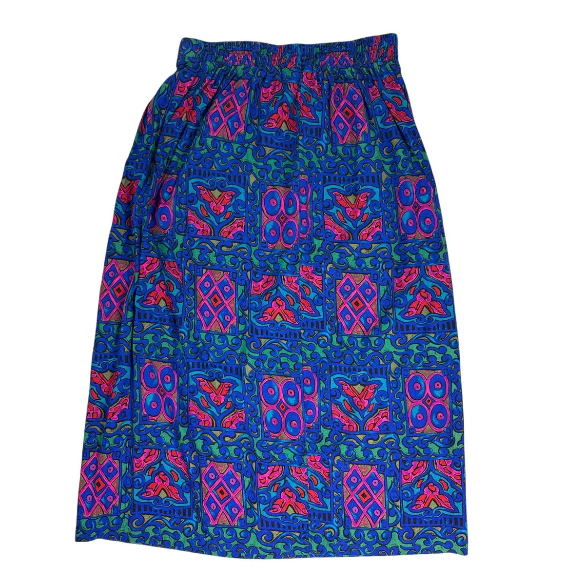 Vintage 80s Tofy Blue Pink Floral Rayon Midi Skirt Womens Size 6 USA