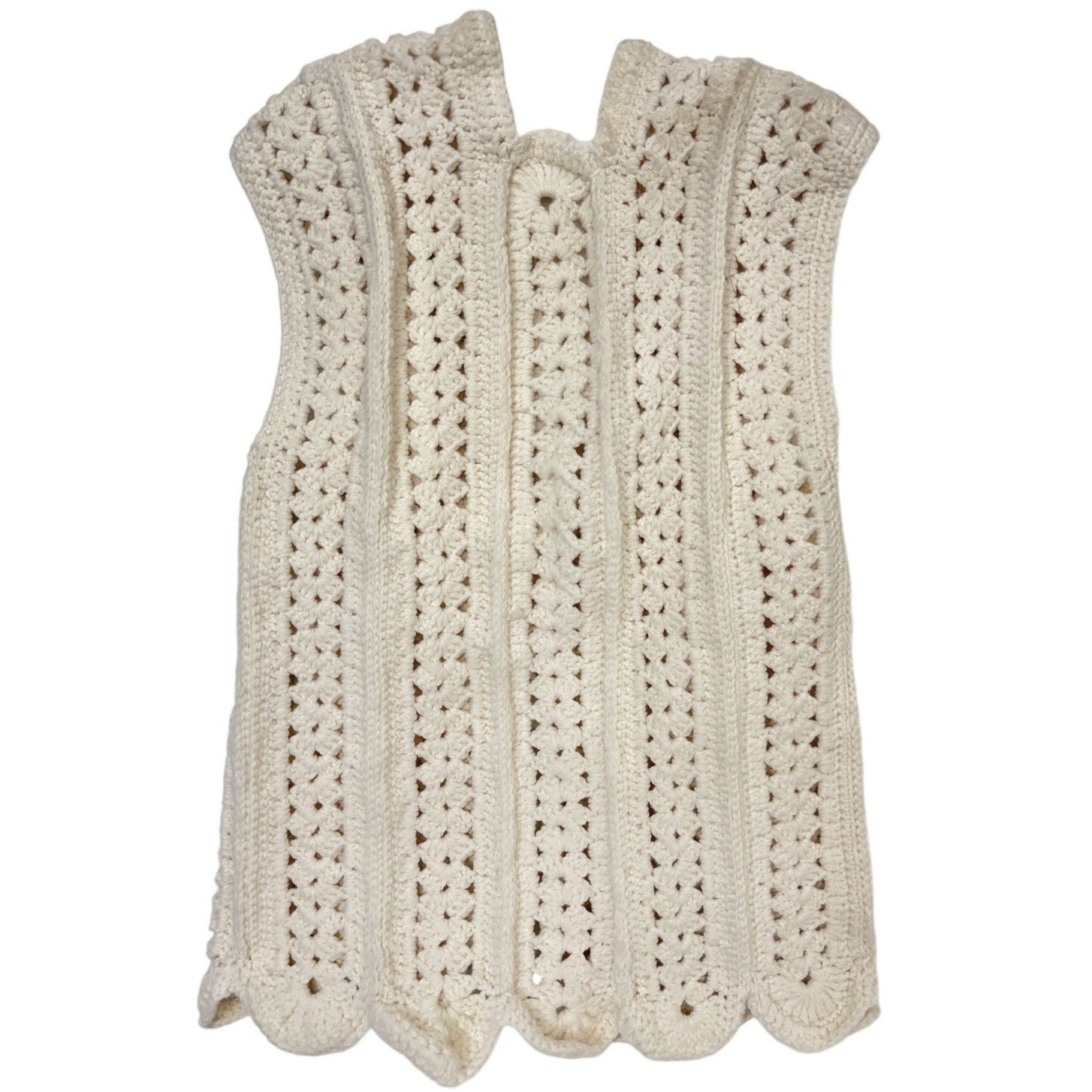 Vintage 70s Hand Crochet Cream Acrylic Boho Open Front Sweater Vest