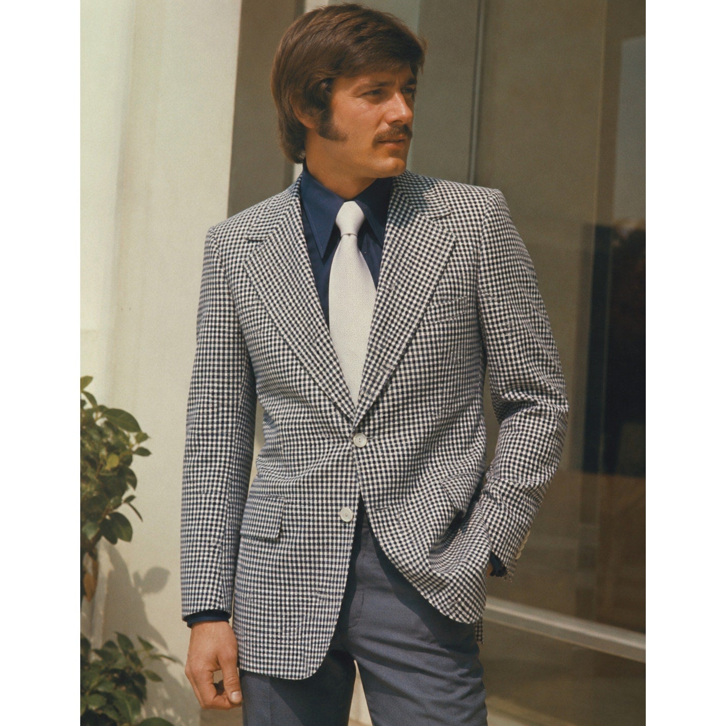 Vintage 70s Men's Large 42R Gray Hilton Navy White Check Blazer Sport Coat USA