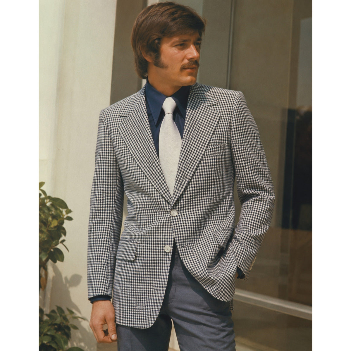 Vintage 70s Men's Large 42R Gray Hilton Navy White Check Blazer Sport Coat USA