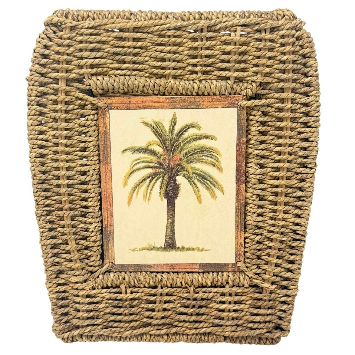 Vintage Wicker Palm Tree Waste Basket Trash Can Tropical Island Decor