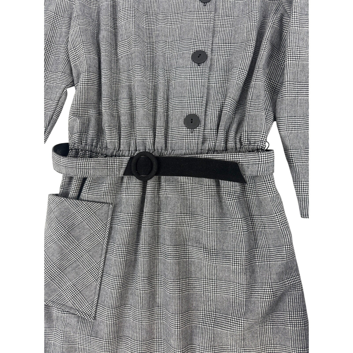 Vintage 80s Hal Hardin Black White Glen Plaid Belted Midi Dress Women's XL