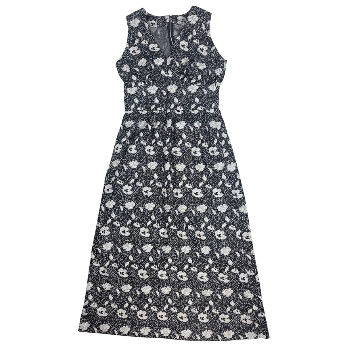 Vintage 70s Handmade Black Silver Floral Sleeveless Maxi Dress Women's Small