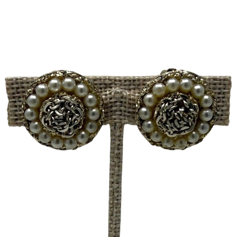 Vintage 60s Faux Pearl Love Knot Gold Tone Clip On Earrings