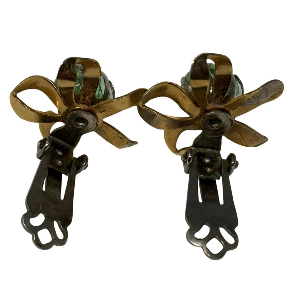 Vintage 80s German Gold Tone Aqua Crackle Flower Clip Earrings