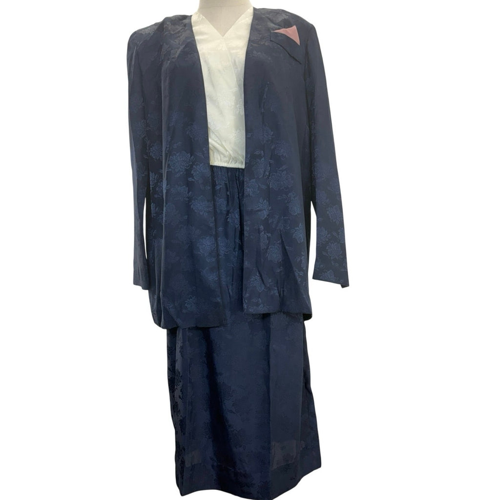 Vintage 70s Women's 12 Leslie Fay Petites Navy White Dress Jacket Set USA
