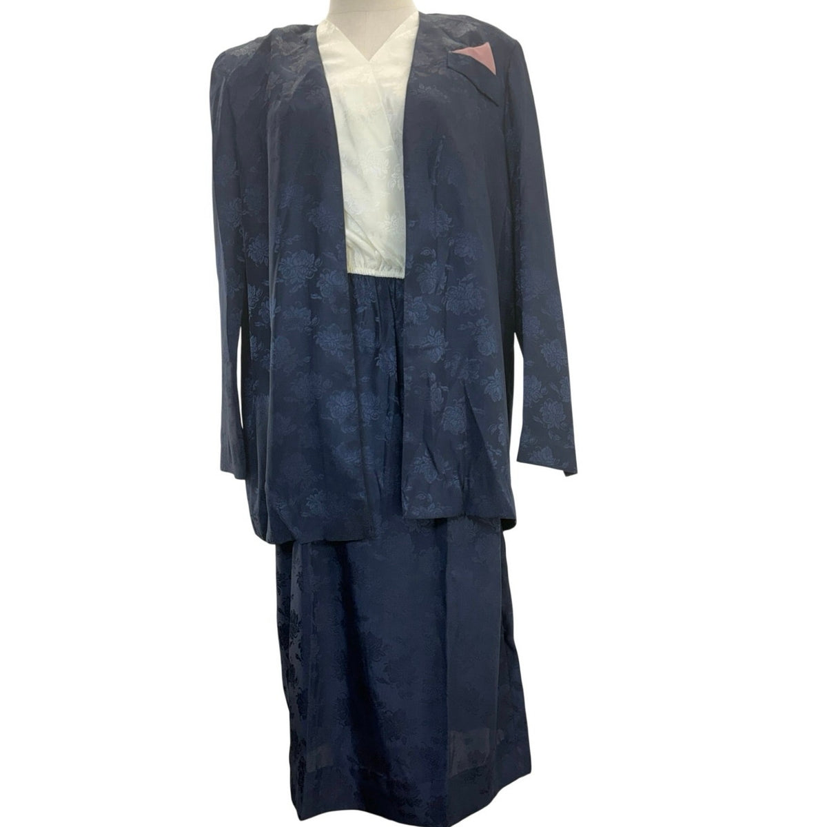 Vintage 70s Women's 12 Leslie Fay Petites Navy White Dress Jacket Set USA