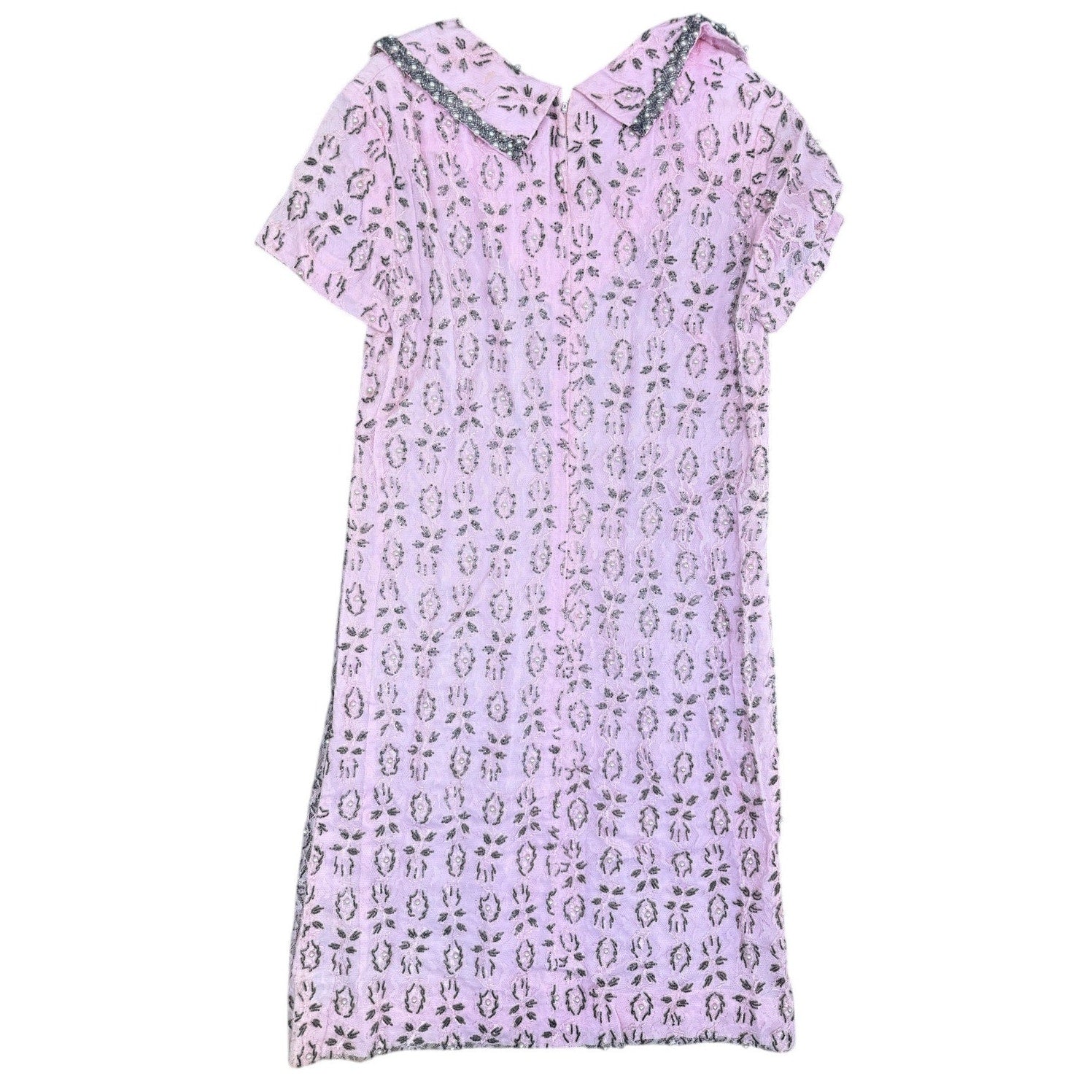 Vintage 70s Andora Hong Kong Pink Beaded Lace Sheath Dress Size 12