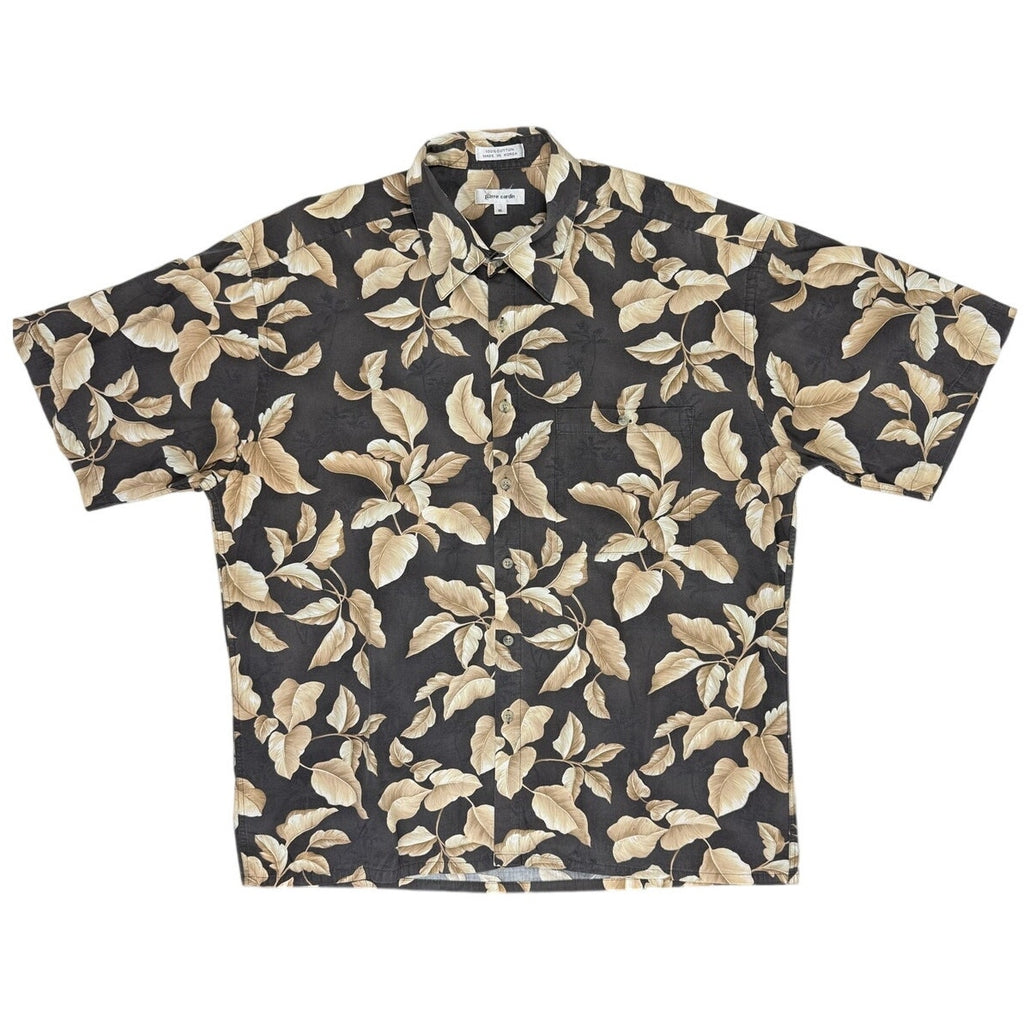 Vintage 80s Pierre Cardin Mens XL Black Tan Foliage Cotton Hawaiian Shirt