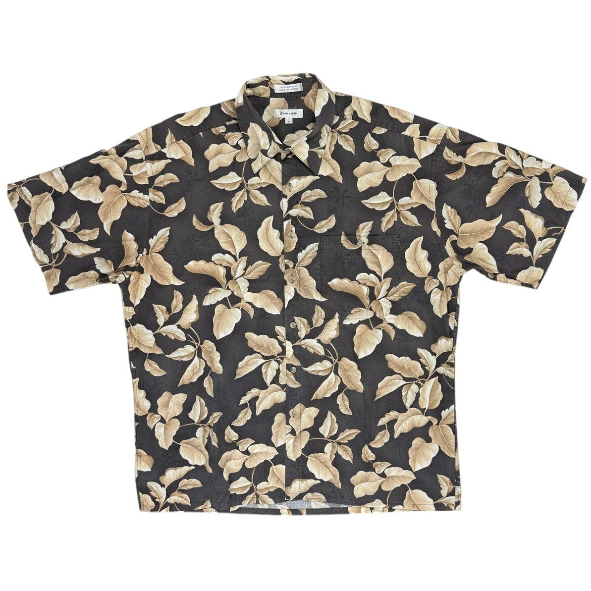 Vintage 80s Pierre Cardin Mens XL Black Tan Foliage Cotton Hawaiian Shirt