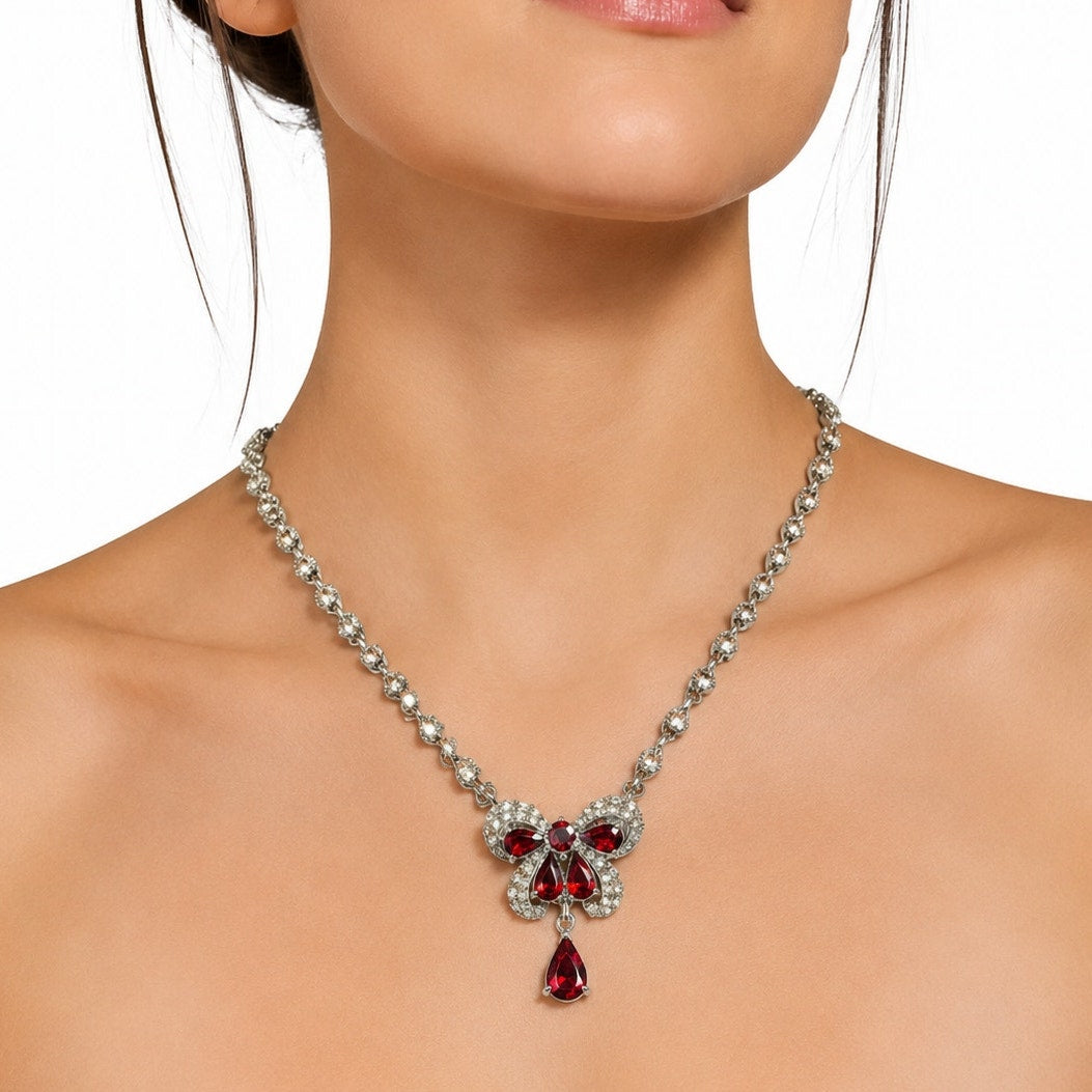 Vintage 40s Bogoff Ruby Red Rhinestone Bow Necklace Silver Tone 16”