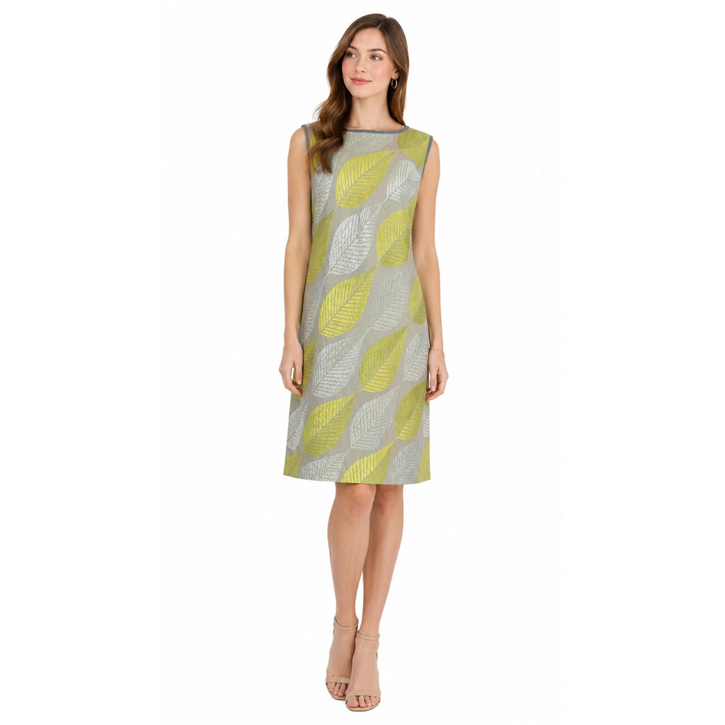 Vintage 90s Silver Chartreuse Sleeveless A-Line Rayon Dress Leaf Women's Medium