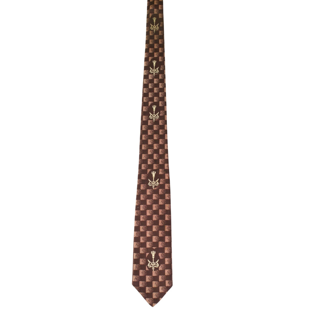 Vintage 1960s Fashion Craft Brown Silk Tie Fleur de Lis Check Necktie