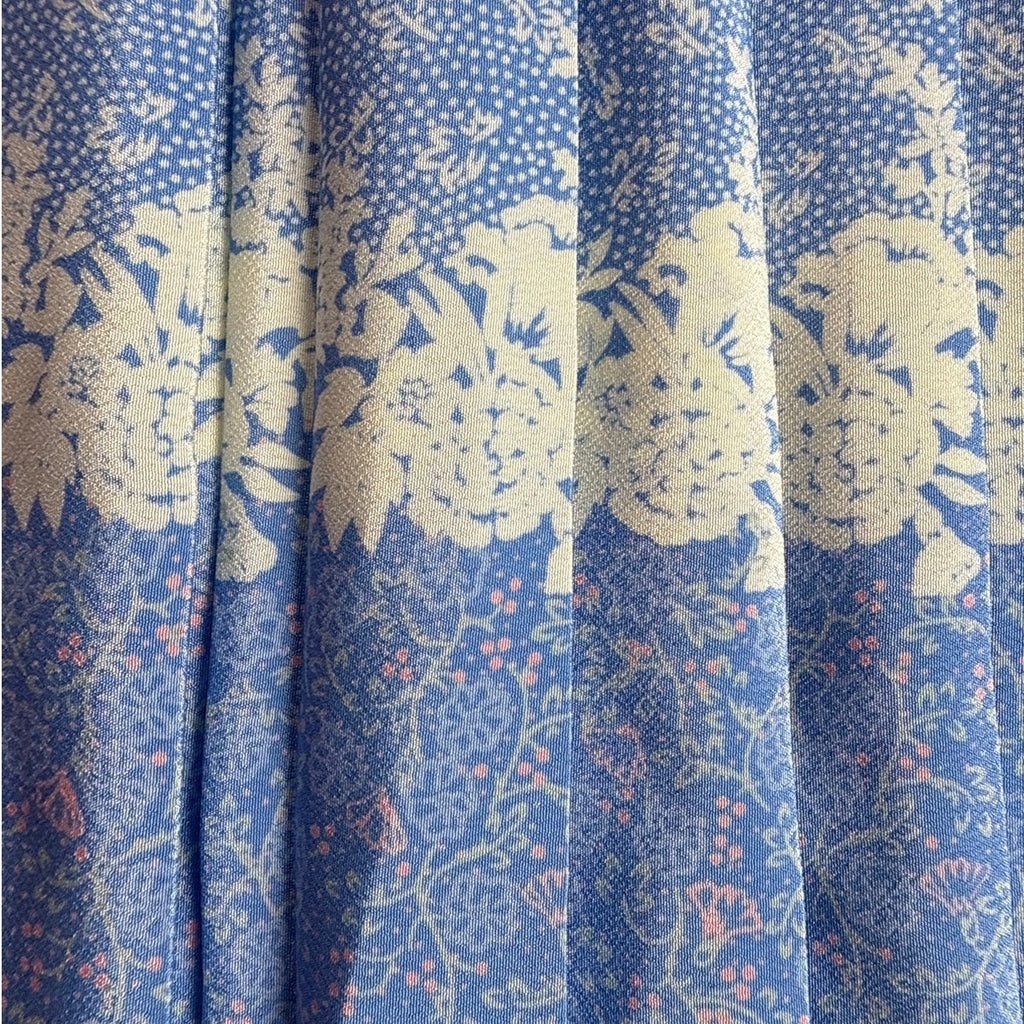 Vintage 1970s Amy-Deb Blue Floral Border Print Pleated Midi Dress Women's Medium