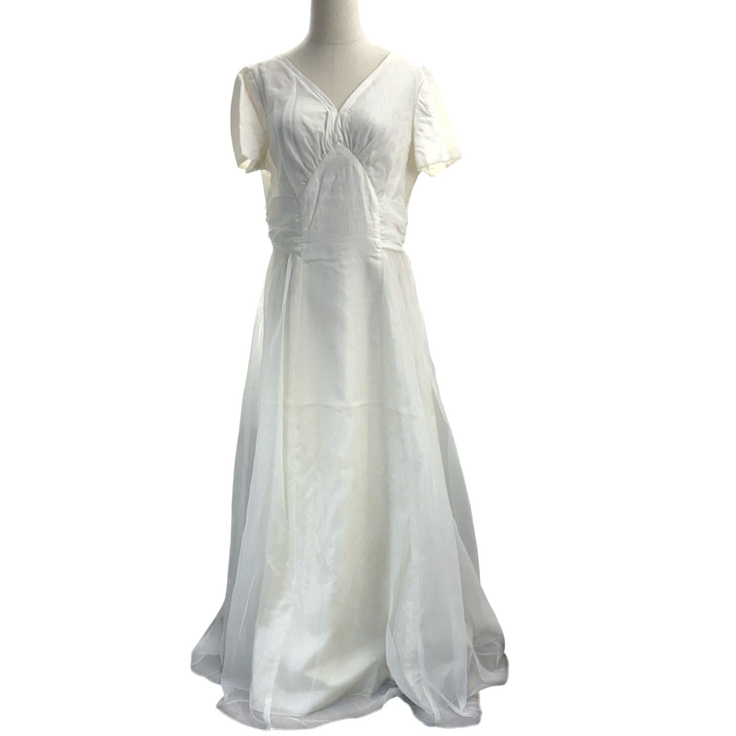 Vintage 70s White Chiffon Wedding Dress Sheer Overlay Boho Bridal Gown