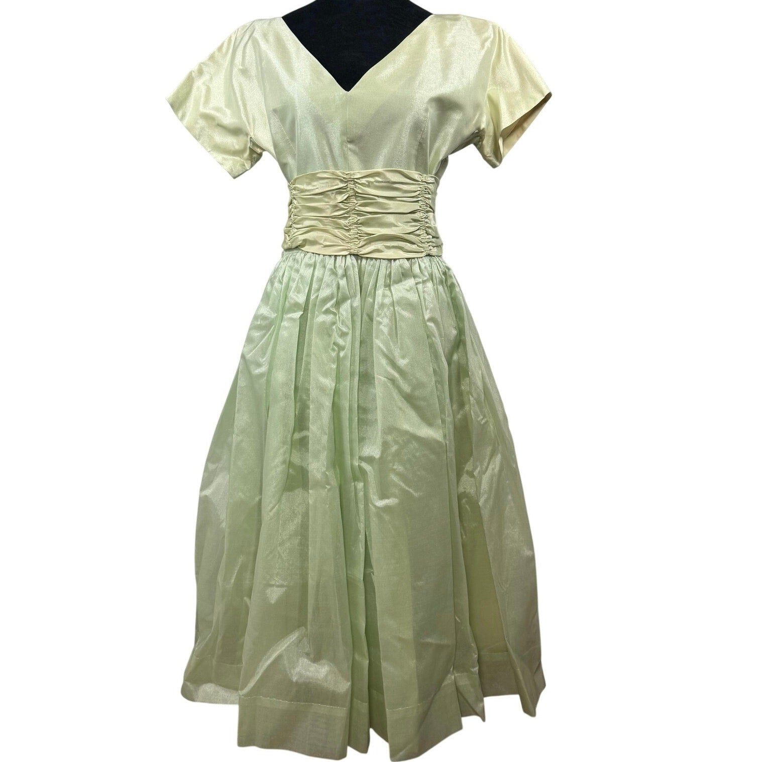 Vintage 50s Women's Small Formal Dress Mint Green Satin Cummerbund Midi