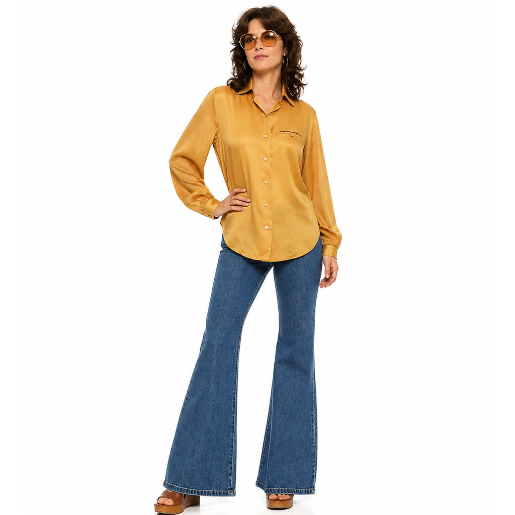 Vintage 70s Women's Small Laura Mae Mustard Button Front Blouse