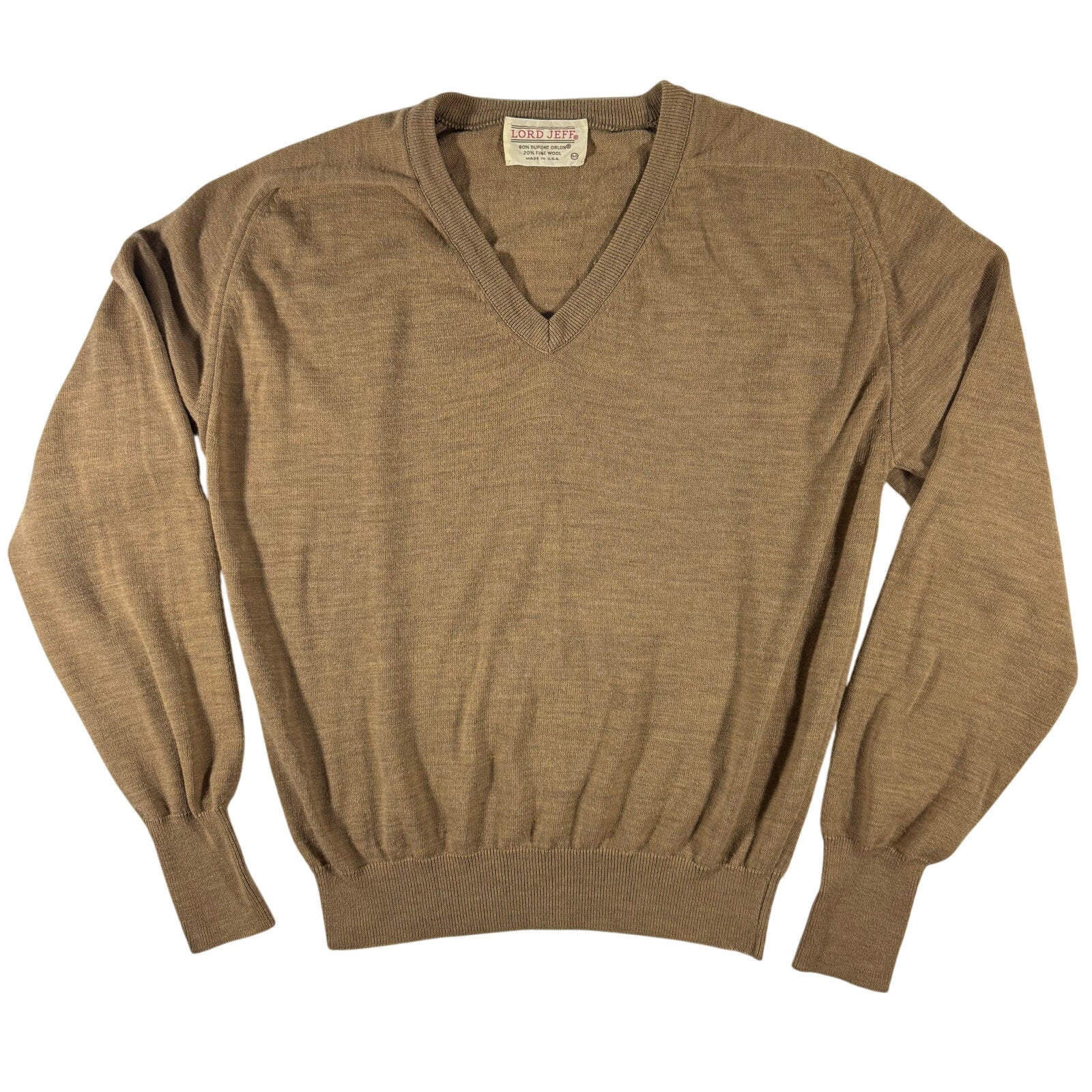 Vintage 60s Tan Brown V-Neck Sweater Orlon Wool USA Men’s Medium Lord Jeff