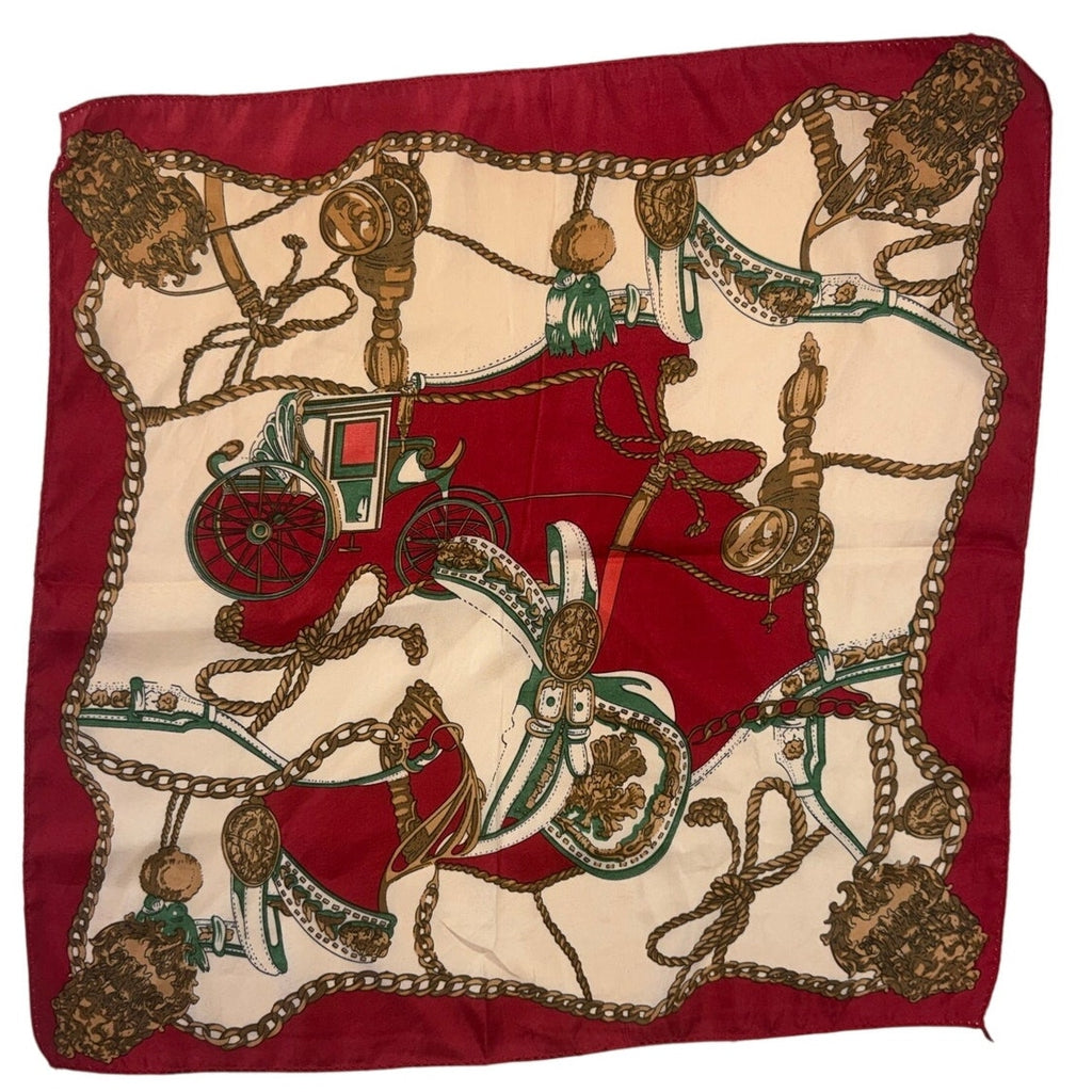 Equestrian Chain Print Square Scarf Red Green Gold 19x19 Hair Neck Bag Tie