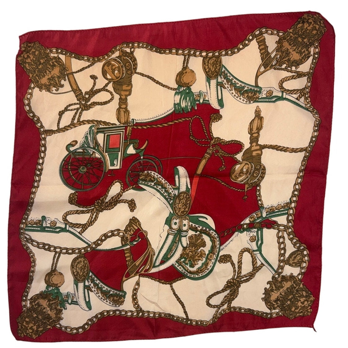 Equestrian Chain Print Square Scarf Red Green Gold 19x19 Hair Neck Bag Tie