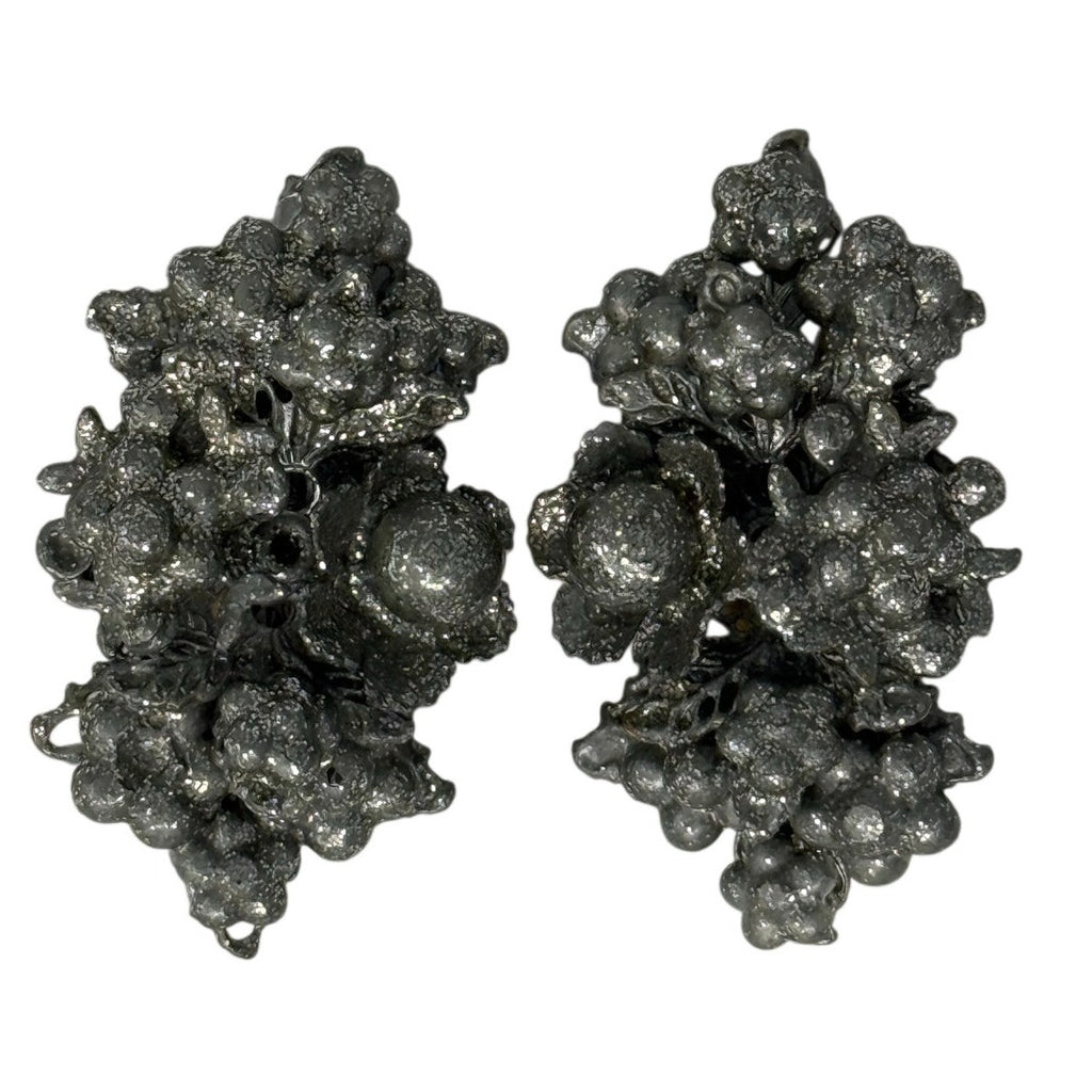 Vintage 60s Silver Tone Grape Cluster Clip On Earrings 2”