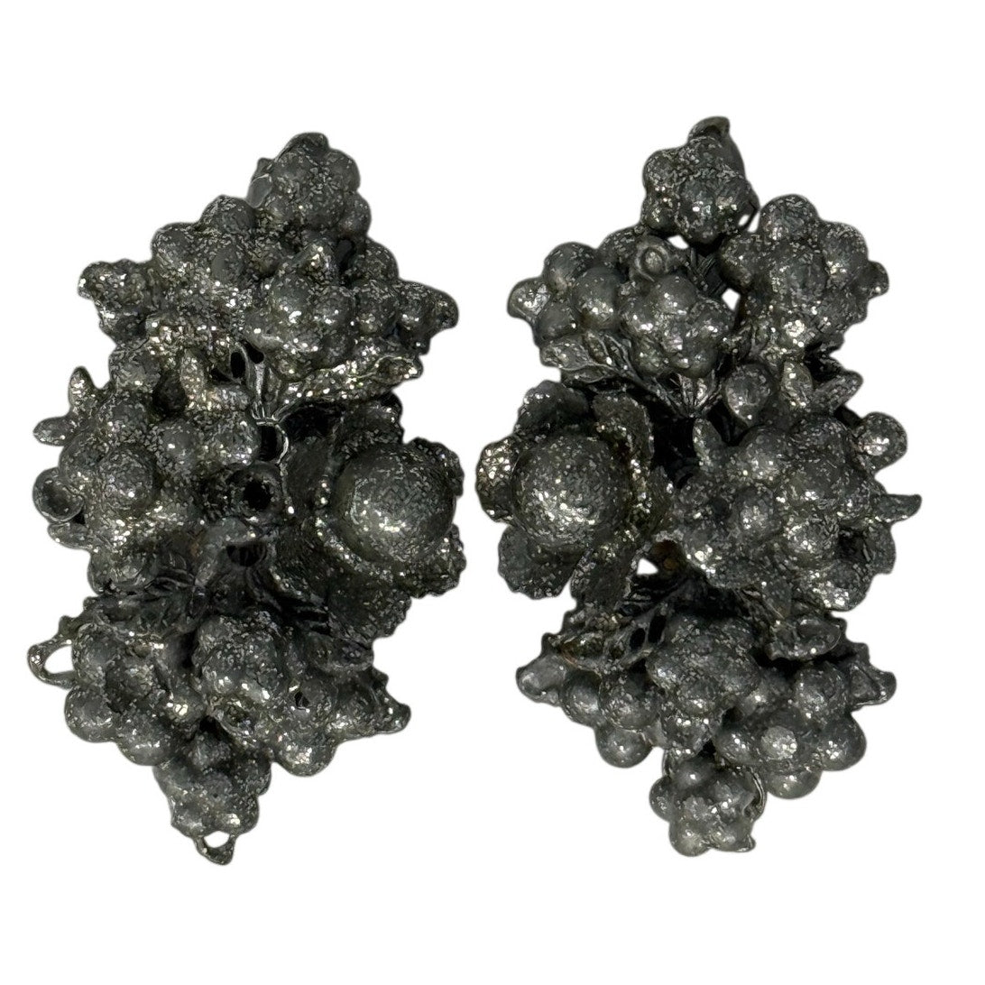 Vintage 60s Silver Tone Grape Cluster Clip On Earrings 2”