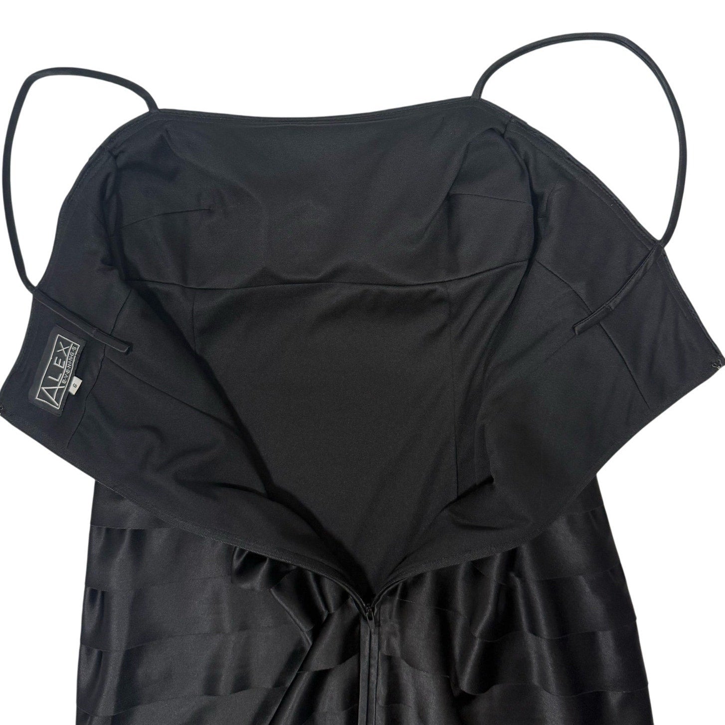 Vintage 00s Alex Evenings Black Satin Velvet Formal Dress Women's 8 Tiered Ruffle