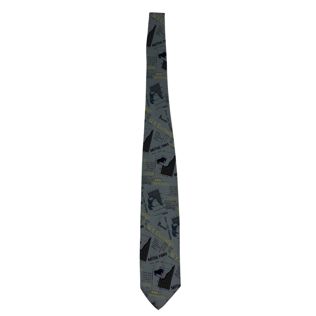 Vintage 80s Court Beltiri Abstract Financial Print Wide Polyester Tie  Gray Blue